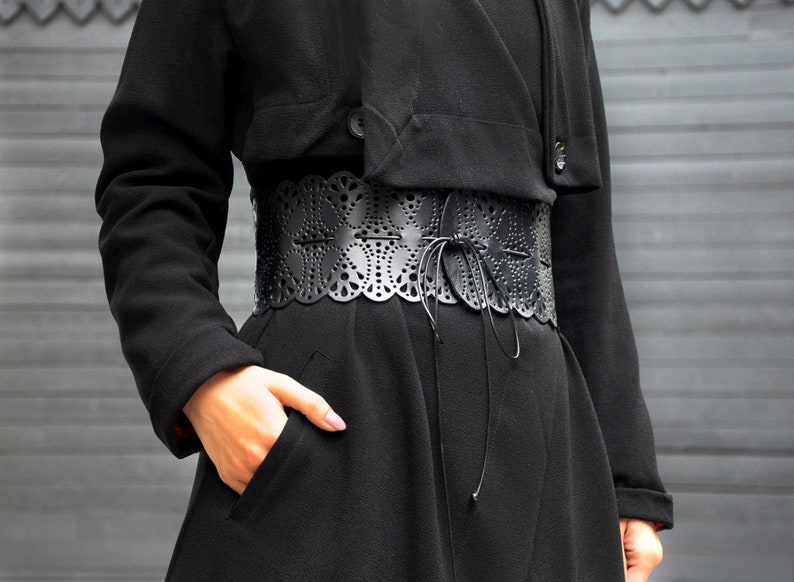 Wide, black leather lace belt, Obi belt for womens image 1