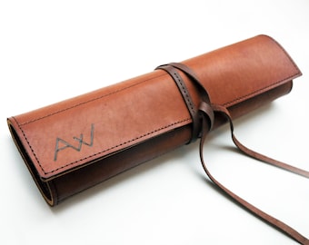 Leather chefs knife roll, Personalized knife Case, Brown leather chefs bag