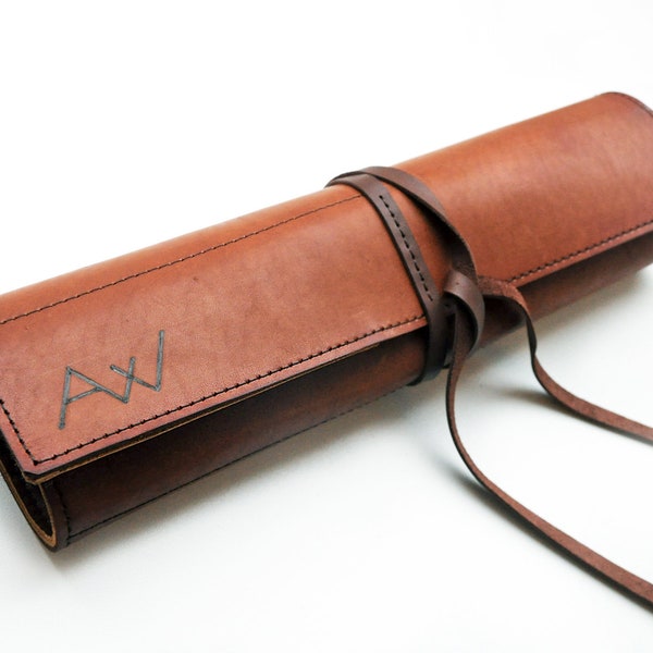 Leather chefs knife roll, Personalized knife Case, Brown leather chefs bag