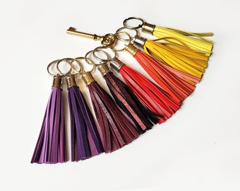Leather tassel keychain, Purple, Red and Yellow tassel key fob with metal cup and ring