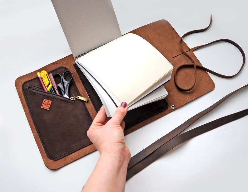 Leather sketchbook case with pen holder and cross body strap Etsy