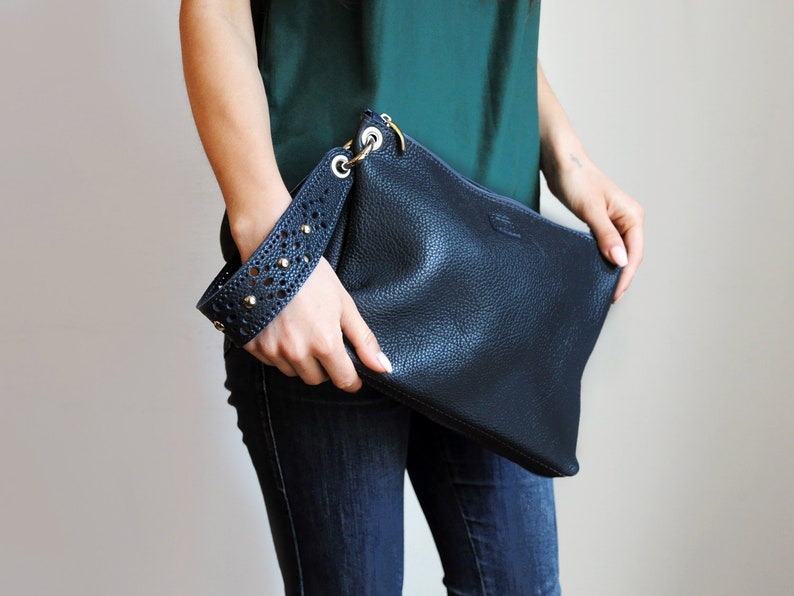 Leather wristlet clutch, Navy clutch bag with luxurious wrist strap image 7