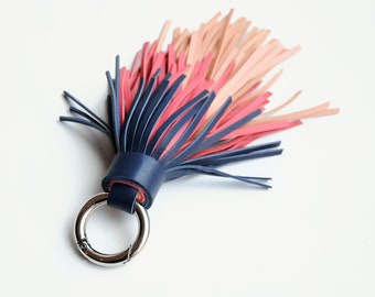 Ombre leather tassel keychain, Large tassel, Navy and soft pink