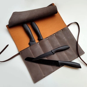 Rouleau de couteaux de chef en cuir, étui à couteaux personnalisé, sac de chef en cuir marron image 2