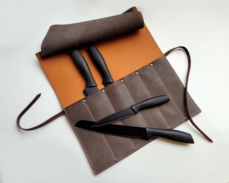 Rouleau de couteaux de chef en cuir, étui à couteaux personnalisé, sac de chef en cuir marron image 2