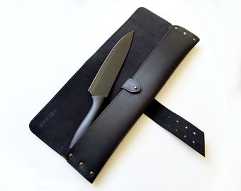 Personalized 1 slot leather knife case, Black leather chiefs knife bag