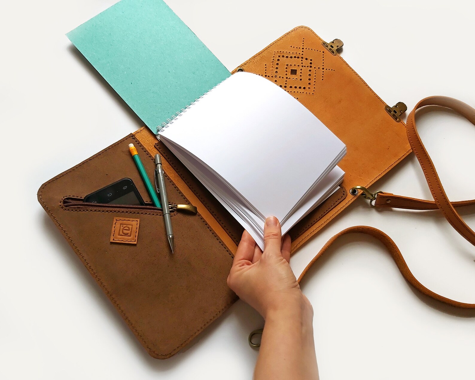 Leather Sketchbook Case With Pen Holder and Cross Body Strap Etsy