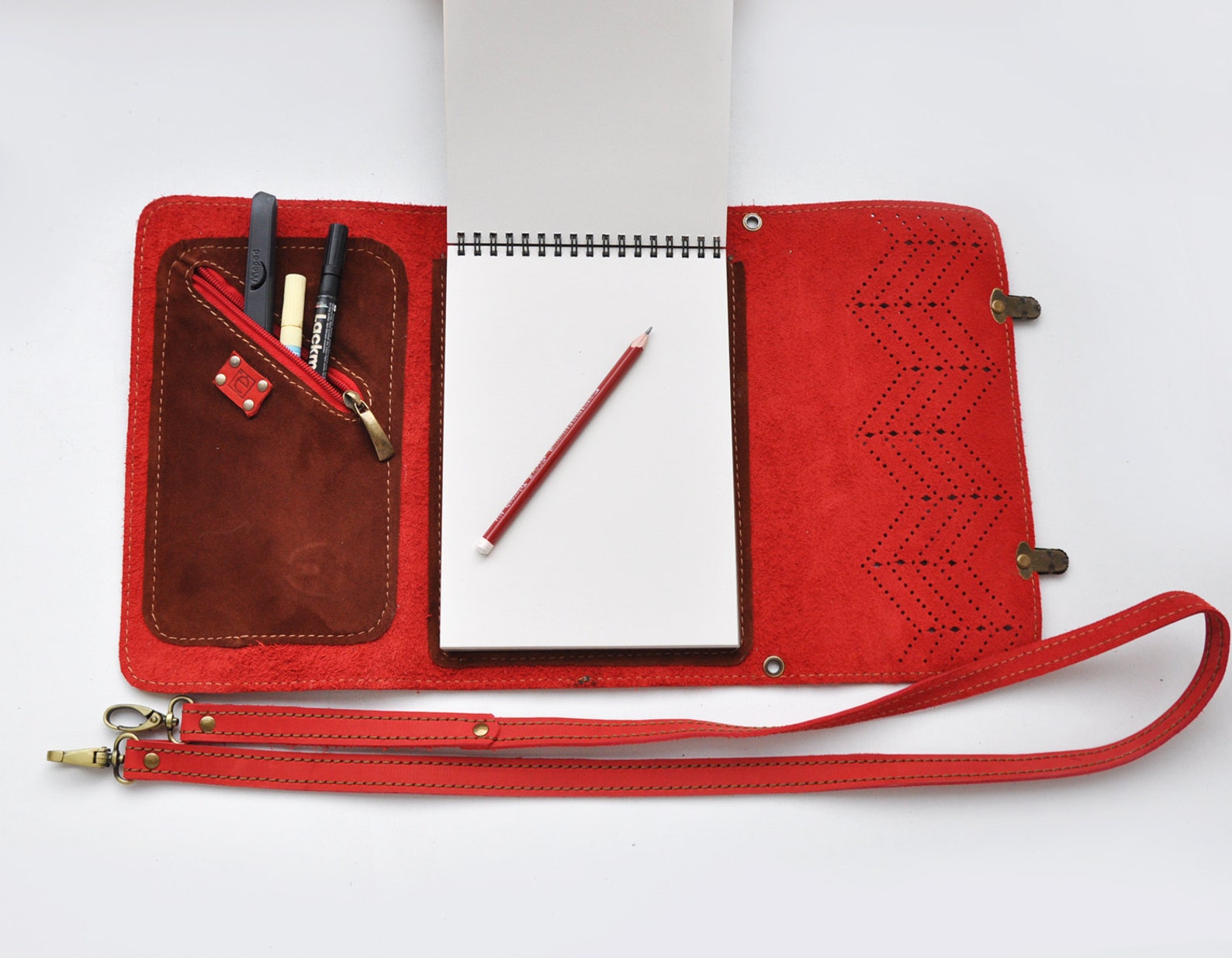 Leather sketchbook case with pen holder and cross body strap Etsy