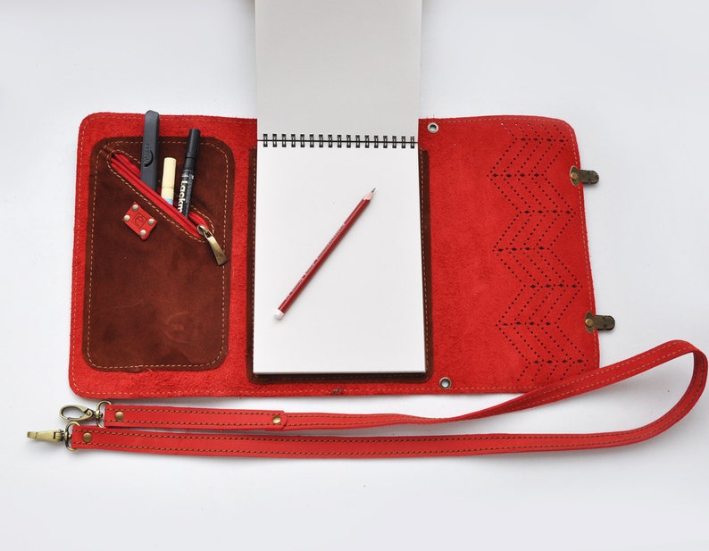 Leather sketchbook case with pen holder and cross body strap Etsy