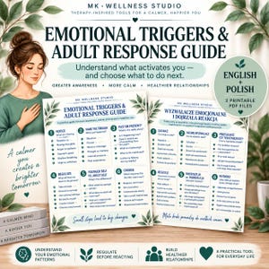 Puede incluir: Una guía digital titulada Emotional Triggers & Adult Response Guide que presenta seis pasos para la regulación emocional. El documento incluye secciones sobre observar, nombrar y elegir respuestas, disponible en inglés y en polaco.