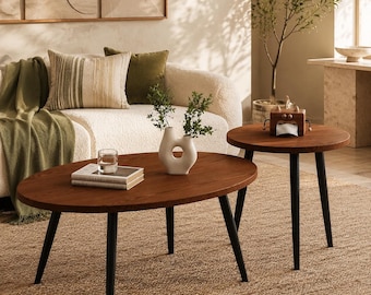 2 Piece Black Walnut Nesting Coffee Table Set Mid Century Modern Round Living Room