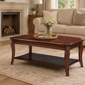 May include: A rectangular wooden coffee table with a rich dark brown finish, featuring a smooth top surface with a subtle chevron pattern, curved legs with carved floral details at the top, and a lower shelf for storage, topped with a woven tray.
