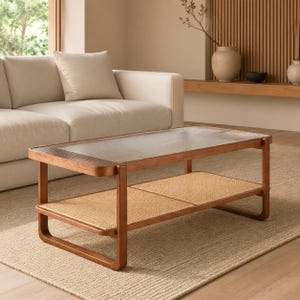 May include: A rectangular coffee table constructed from medium-toned wood, featuring a smooth glass top surface and a lower shelf composed of woven natural cane material. The table has rounded corners and a sturdy frame with four curved legs.