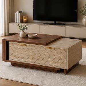 Könnte beinhalten: Ein rechteckiger Couchtisch im zweifarbigen Design mit einer Tischplatte aus dunklem Walnussholz und einem helleren Untergestell. Die Front zeigt ein Fischgrätenmuster mit zwei Schubladen, die jeweils einen schmalen, goldenen Griff haben.