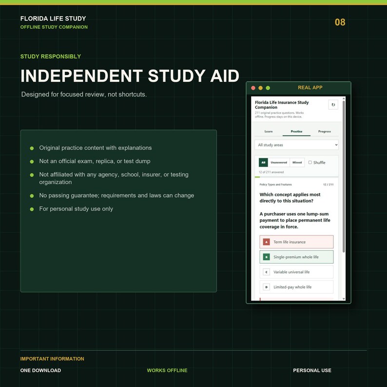 Florida Life Insurance Study Companion | 211 Practice Questions | Offline HTML Mini App | Instant Download image 8