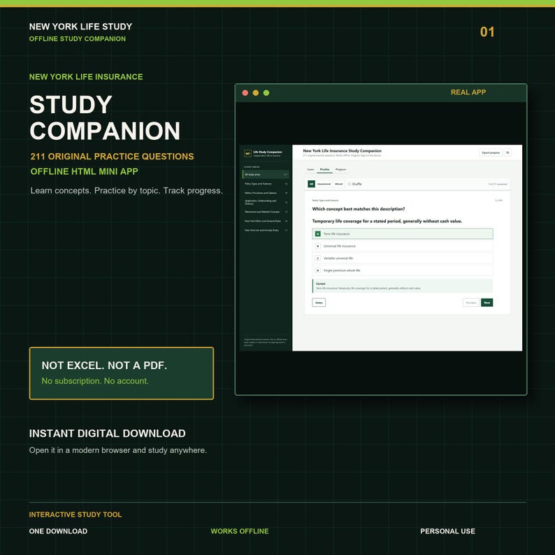 New York Life Insurance Study Companion | 211 Practice Questions | Offline HTML Mini App image 1
