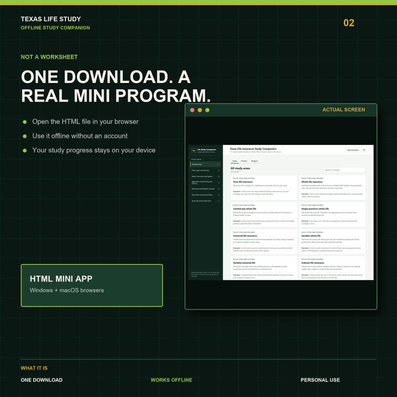 Texas Life Insurance Study Companion | 211 Practice Questions | Offline HTML Mini App image 2