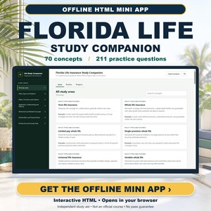 Guía de estudio para seguros de vida en Florida / 211 preguntas de práctica / Miniaplicación HTML sin conexión / Descarga instantánea