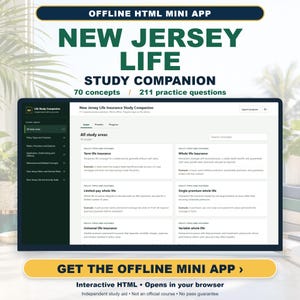 Studiegids voor levensverzekeringen in New Jersey | 211 oefenvragen | Offline HTML-mini-app
