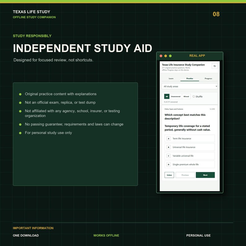 Texas Life Insurance Study Companion | 211 Practice Questions | Offline HTML Mini App image 8