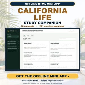 Guía de estudio de seguros de vida de California / 211 preguntas de práctica / Mini aplicación HTML sin conexión