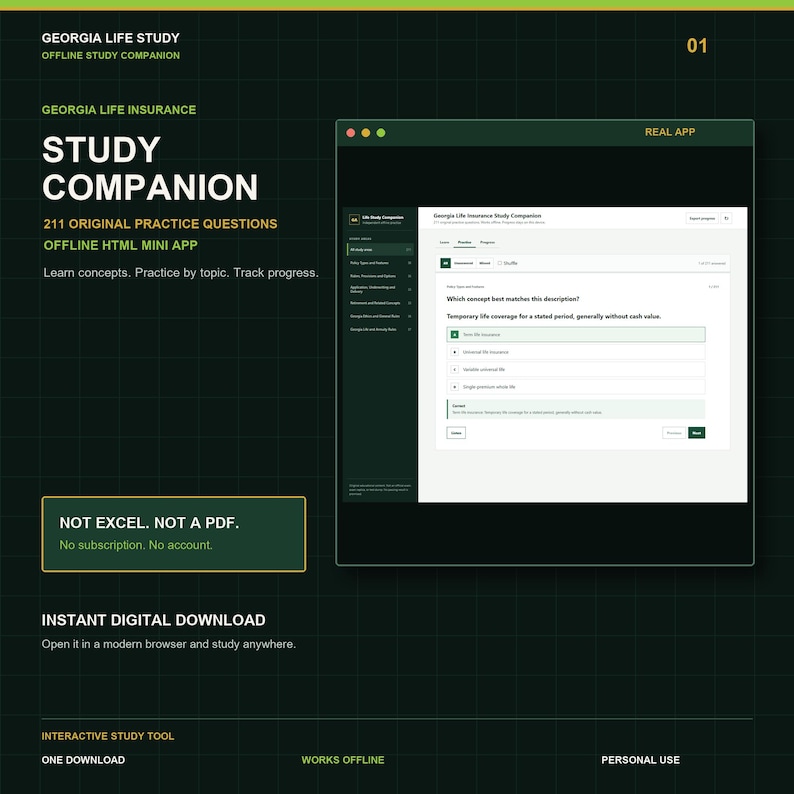 Georgia Life Insurance Study Companion | 211 Practice Questions | Offline HTML Mini App image 1