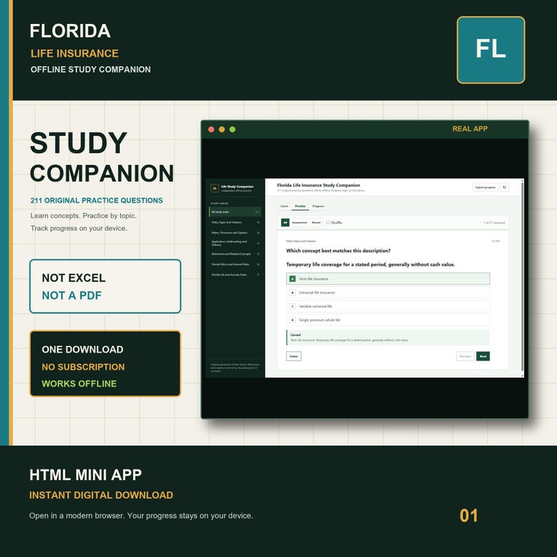 Florida Life Insurance Study Companion offline HTML mini app, showing a real practice screen