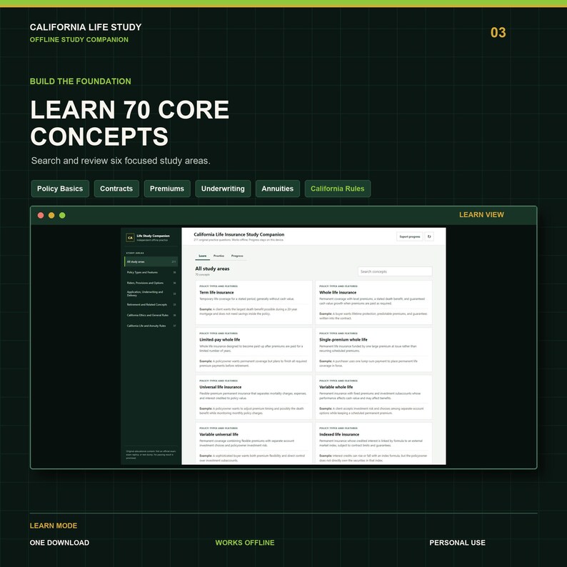 California Life Insurance Study Companion | 211 Practice Questions | Offline HTML Mini App image 3