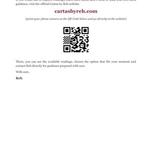 May include: A white document featuring the text Visit Cartas by Reh Online, the URL cartasbyreh.com, and a black and white QR code. The page includes instructions to point a phone camera at the code, followed by text about tarot readings and the signature Reh.