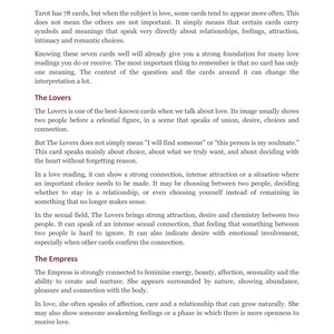 May include: A page of text titled 2. The Cards That Speak Most About Love, featuring dark red headers for The Lovers and The Empress. The content discusses tarot card meanings regarding relationships, attraction, and choices, with the page number 5 at the bottom.