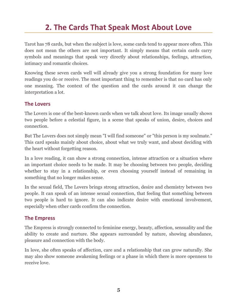 May include: A page of text titled 2. The Cards That Speak Most About Love, featuring dark red headers for The Lovers and The Empress. The content discusses tarot card meanings regarding relationships, attraction, and choices, with the page number 5 at the bottom.