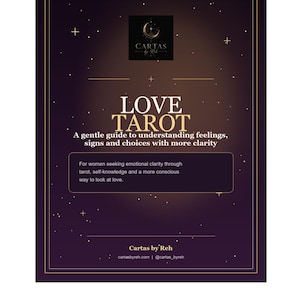 May include: A rectangular dark purple poster with gold borders and star accents. The text reads: CARTAS by Reh, LOVE TAROT, A gentle guide to understanding feelings, signs and choices with more clarity, For women seeking emotional clarity through tarot, self-knowledge and a more conscious way to look at love. Cartas by Reh, cartasbyreh.com | @cartas_byreh.