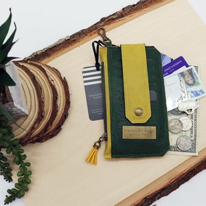 Portafoglio da donna sottile con borsa RFID, tasca per carte di credito, ecopelle verde e gialla, vegano, sostenibile, portafoglio tascabile, portafoglio minimalista