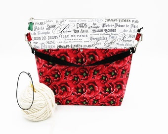 Large Zipper Knitting Project Bag, Crochet Tote, Interior Pockets, Paris Poppy Fabric, Yarn Holder, Work in Progress Bag, Travel Yarn Bag