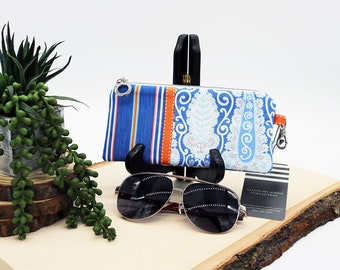 Zipper Glasses Case, Stripe Paisley Fabric, Blue White, Reading Glasses Case, Sunglasses Case, Eyeglass Holder, Spectacles Case