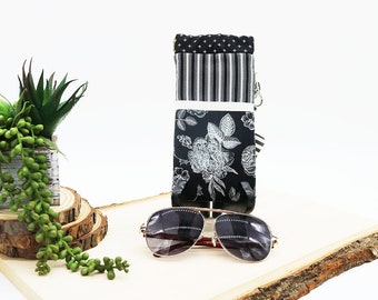 Fabric Glasses Case, Flex-Frame, Pinch Open Close Readers Case, Stripe Floral, Black Ivory, Sunglasses Pouch, Reading Glasses Case