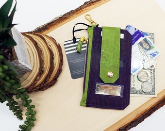 Ladies Slim RFID Purse Pal Wallet, Minimalist Pocket Wallet, Lime Green and Purple Cork Fabric, Vegan, Sustainable, Credit Card Case