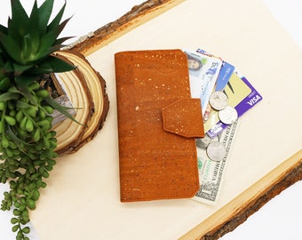 Ladies Tall Wallet with Card ID Pocket, Cork Fabric, Vegan, Sustainable, Eco-Friendly, RFID, Women's Billfold, Bi-Fold Clutch, Handmade