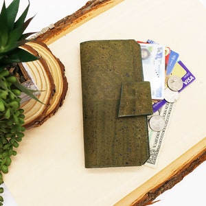 Cartera alta para mujer con bolsillo para identificación de tarjeta, tela de corcho, vegana, sostenible, ecológica, RFID, billetera para mujer, embrague plegable, hecha a mano