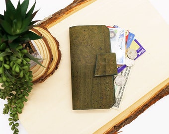 Ladies Tall Wallet with Card ID Pocket, Cork Fabric, Vegan, Sustainable, Eco-Friendly, RFID, Women's Billfold, Bi-Fold Clutch, Handmade