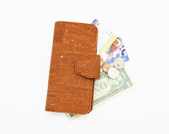 Ladies Tall Wallet with Card ID Pocket, Cork Fabric, Vegan, Sustainable, Eco-Friendly, RFID, Women's Billfold, Bi-Fold Clutch, Handmade