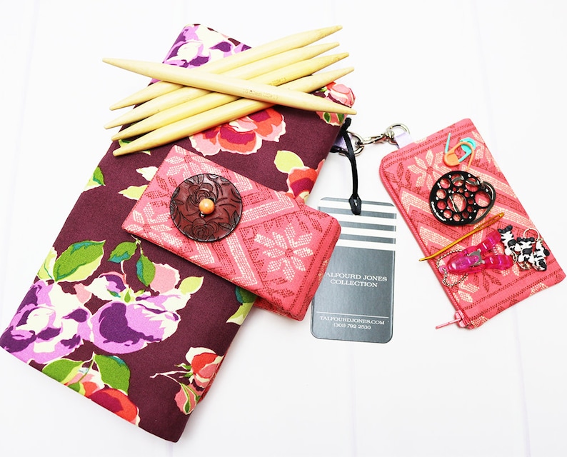 DPN Knitting Needle Case, Burgundy Floral Fabric, Double Point Needle, Sock Knitting Needle, Knitting Needle Holder, DPN Circular Case image 1