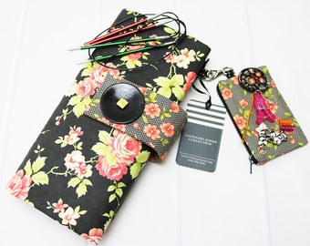 Black Floral Circular Knitting Needle Case with Numbered Pockets, Knitting Bag, Needle Organizer, Needle Holder