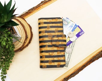 Ladies Tall Wallet, Card ID Pocket, Vegan, Sustainable, Eco-Friendly, Striped Cork Fabric, RFID, Women's Billfold, Bi-Fold Clutch