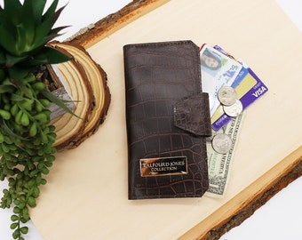 Ladies Tall RFID Wallet, Card ID Pocket, Brown Alligator PU Faux Leather, Vegan, Sustainable, Women's Billfold, Bi-Fold Clutch