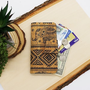 Cartera alta para mujer, bolsillo para tarjeta de identificación, vegana, sostenible, ecológica, tela de corcho de elefante, RFID, billetera para mujer, embrague plegable