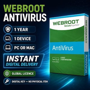 Op de afbeelding: Webroot SecureAnywhere AntiVirus softwaredoos met groen, wit en blauw ontwerp. De tekst bevat Webroot Antivirus, 1 Year, 1 Device, PC or Mac, Instant Digital Delivery, Global Licence en Digital Key - No Physical Item.