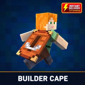 Puede incluir: Un personaje de Minecraft con cabello naranja, camisa verde y una capa marrón con un gráfico de pico blanco. La capa es rectangular con bordes de color marrón oscuro. El texto en la imagen dice: INSTANT DELIVERY 24/7 AUTOMATED y BUILDER CAPE.