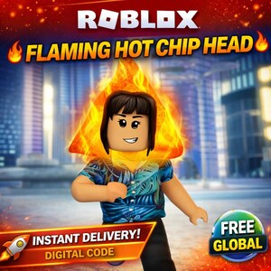 May include: A Roblox character avatar wearing a Flaming Hot Chip Head accessory, featuring a triangular orange chip shape engulfed in yellow and orange flames. The character wears a blue tropical print shirt and has dark brown hair.