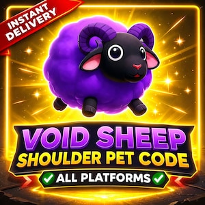 Könnte beinhalten: Eine digitale Grafik mit einem Cartoon-Schaf mit schwarzer Haut, violetter Wolle und gebogenen Hörnern. Der Text lautet INSTANT DELIVERY, VOID SHEEP SHOULDER PET CODE und ALL PLATFORMS. Das Design ist in einem leuchtend gelben Rahmen platziert.